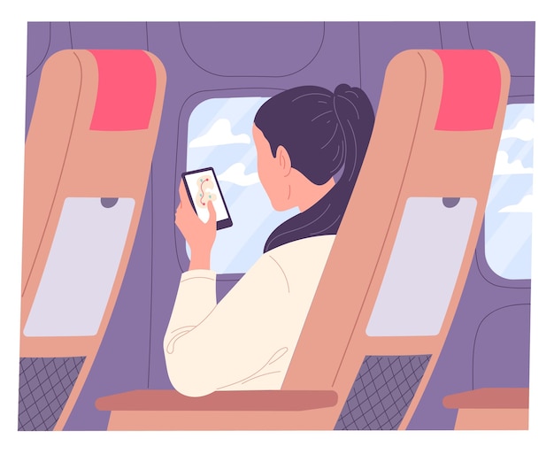 Mulher com smartphone no avião durante o voo
