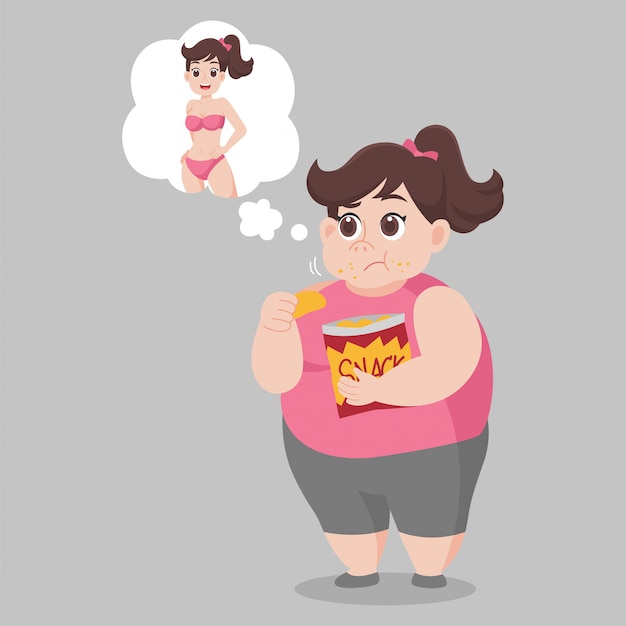 mulher com sobrepeso comendo lanche e espero ser uma mulher esbelta