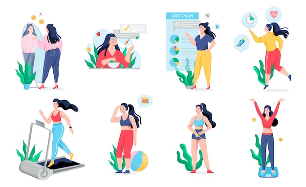 Mulher com sobrepeso torna-se processo magro. Ideia de fitness e dieta saudável. Processo de perda de peso. Mulher com barriga grande, pessoa sofre de obesidade. ilustração em estilo cartoon