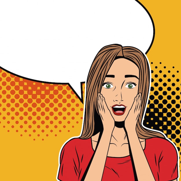 Mulher com talkbox pop art cartoon colorida jovem e menina de beleza com bolha de discurso