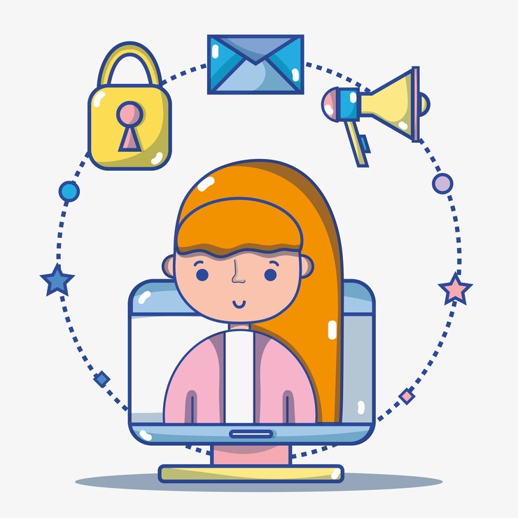 Vetor mulher com tecnologia de mídia social para comunicação