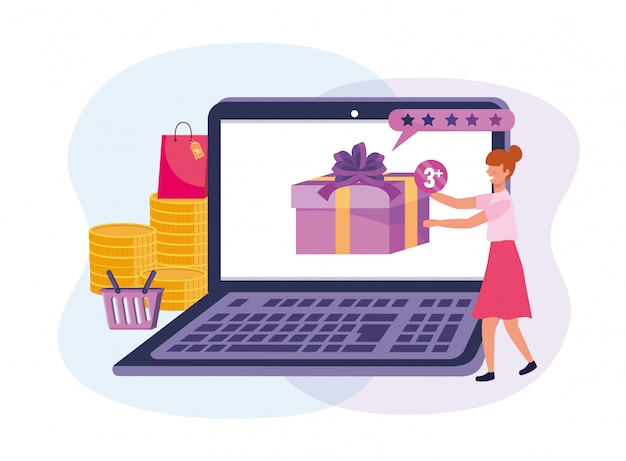 Mulher com tecnologia portátil e compras on-line