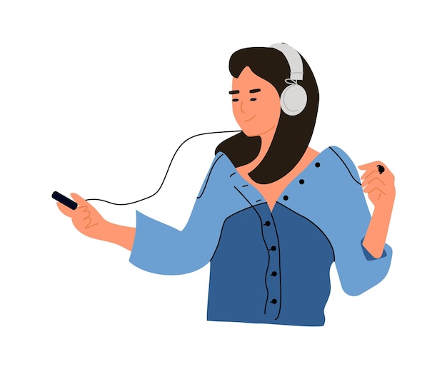 Mulher com telefone e fones de ouvido Adolescente de desenho animado ouvindo música usando fone de ouvido Mulher dançando segurando smartphone e fones de ouvido Personagem jovem de vetor desfrutando de lista de reprodução musical
