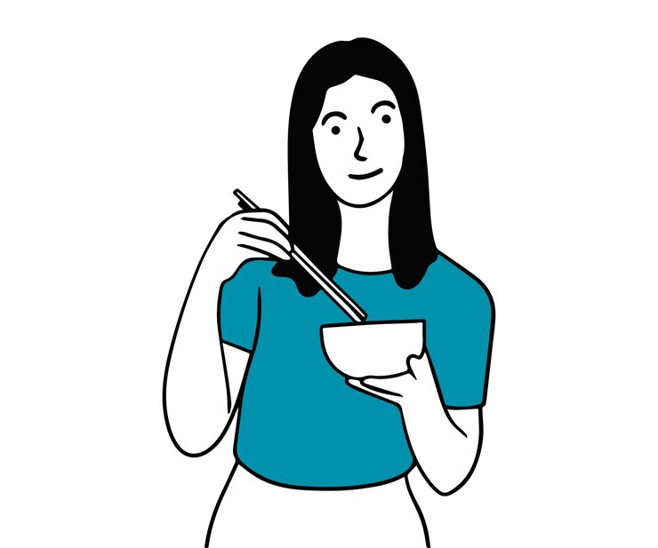 Vetor mulher com tigela de comida japonesa ilustração desenhada à mão