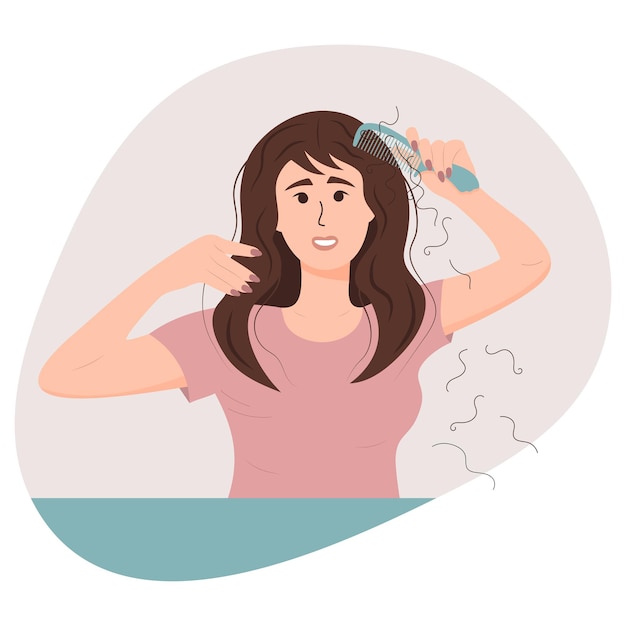 Mulher com um pente, sofrendo de perda de cabelo. Alopecia na juventude, problemas de cabelo, calvície.