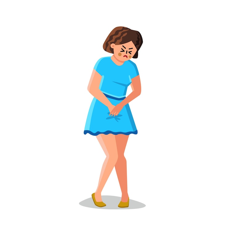 Vetor mulher com urgência urina segurando vetor virilha. menina emocional com problema de urgência de dor quer fazer xixi no banheiro. personagem com forte necessidade de urinar, indo para o banheiro, ilustração de desenho animado