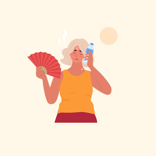 Vetor mulher com ventilador de mão e garrafa de água cansado do calor do verão ilustração em vetor