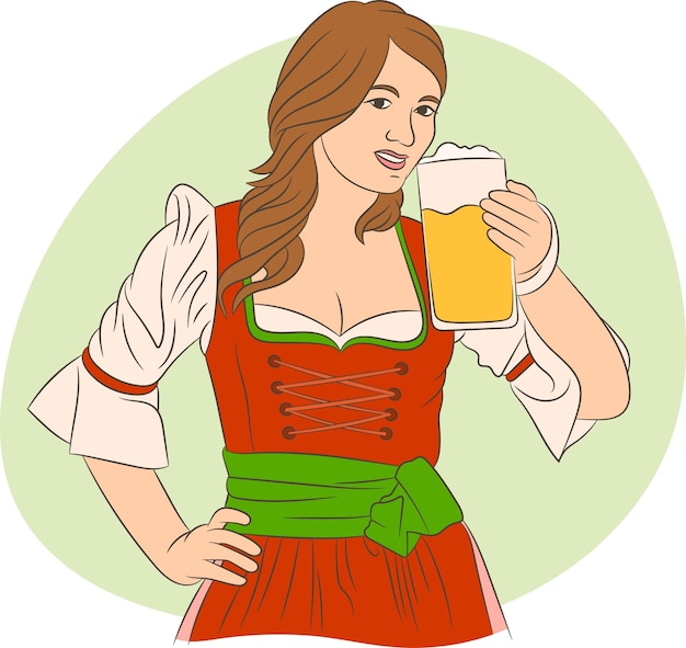 Vetor mulher com vestido tradicional da baviera segurando um copo de cerveja ilustração da oktoberfest