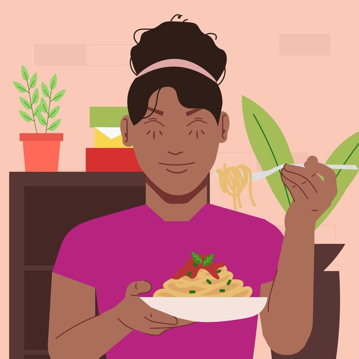Vetor mulher come espaguete em ilustração plana