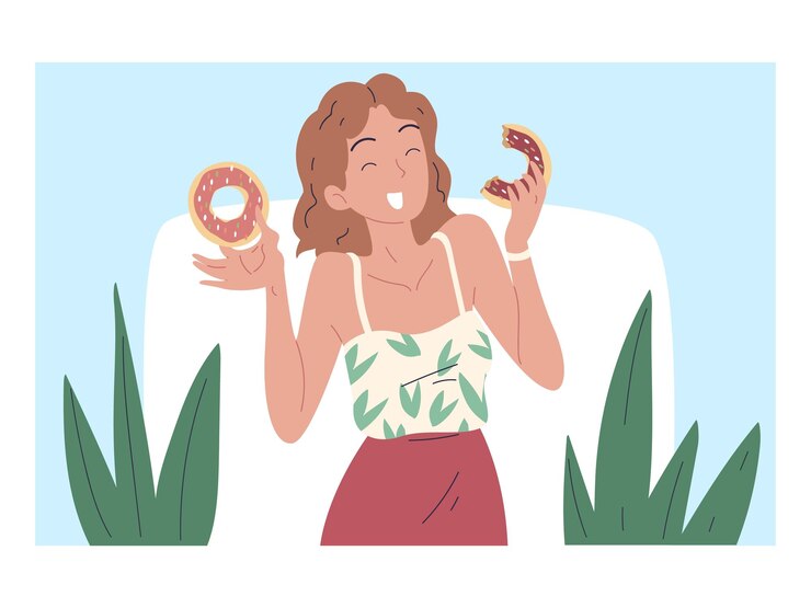 Vetor mulher comendo donuts menina adolescente com fome comer donuts doces lanche de açúcar comer doces comida satisfeita dieta de donuts calorias comer em excesso