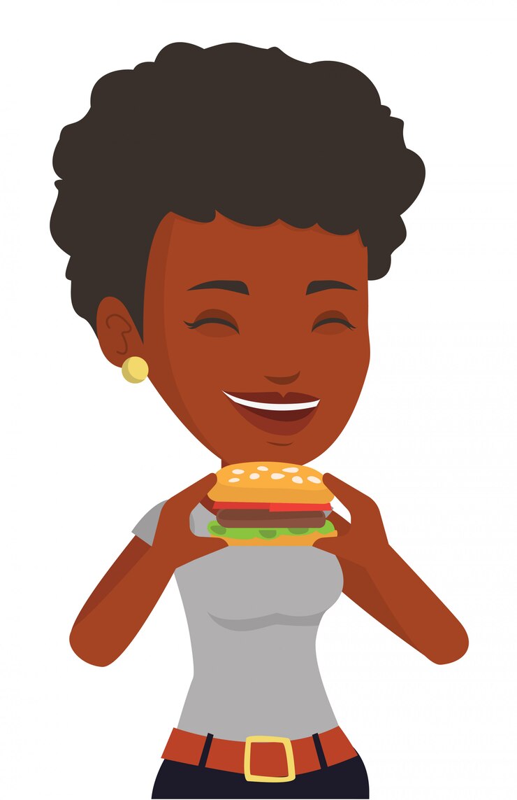 Vetor mulher comendo hambúrguer.