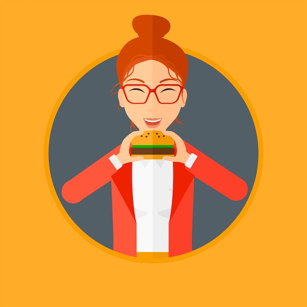 Vetor mulher comendo hambúrguer.