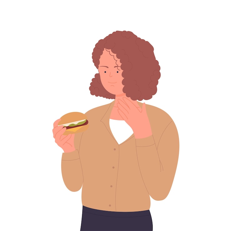 Vetor mulher comendo hambúrguer.