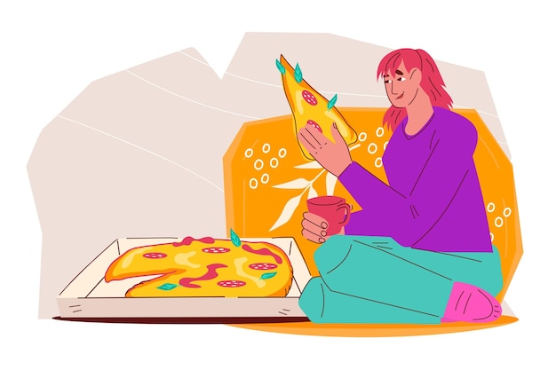 Mulher comendo pizza para viagem ilustração vetorial plana de desenho animado isolada