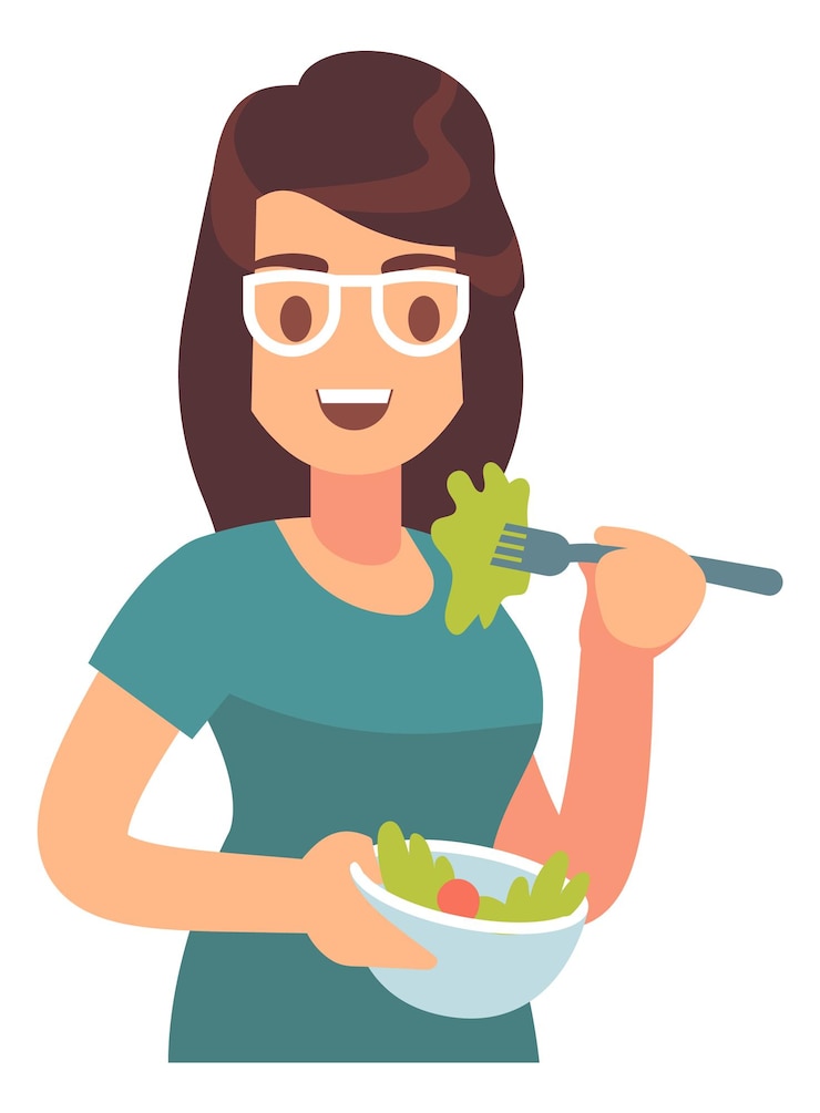 Vetor mulher comendo salada alimentos frescos com vitaminas dieta nutrição