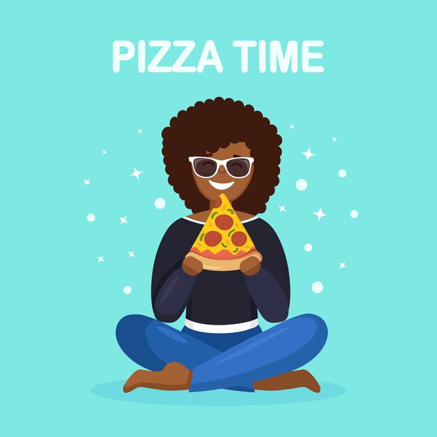 Vetor mulher comendo uma fatia de pizza. personagem de desenho animado