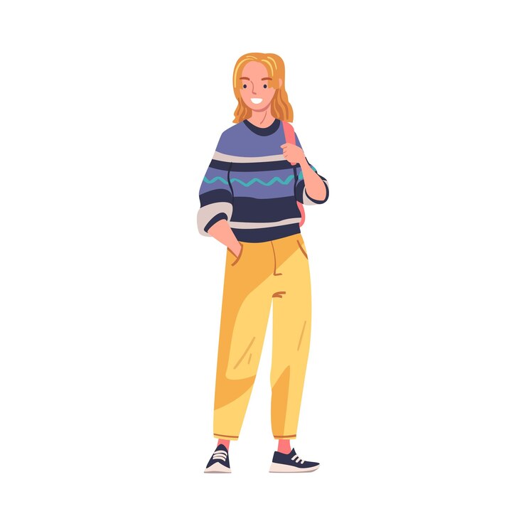 Vetor mulher como estudante universitária moderna em suéter de pé com ilustração vetorial de mochila