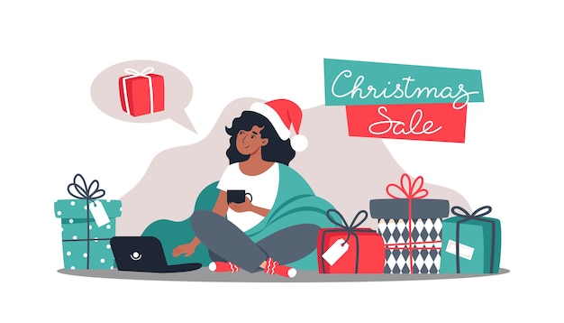 Mulher compra presentes em loja online, compras online de natal e ano novo em casa