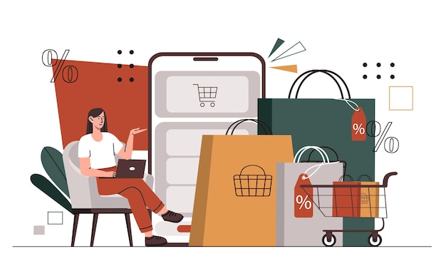 Mulher conceito de sociedade de consumo perto de sacolas de compras e compras on-line de tela de smartphone e