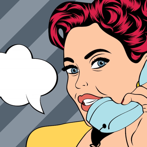 Mulher conversando no telefone, ilustração pop art