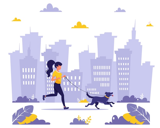 Mulher correndo com cachorro na cidade