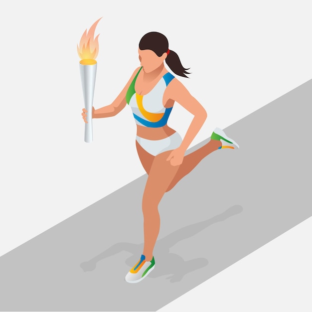 Mulher correndo com tocha esportiva. competição internacional do campeonato desportivo. símbolo da vitória. conceito isométrico 3d do portador do atletismo.