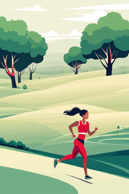 Vetor mulher correndo em um parque, corredora correndo por um caminho na floresta ao amanhecer em uma ilustração vetorial de roupas esportivas