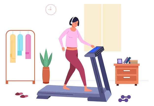 Mulher correndo na esteira no interior de casa Cardio treino