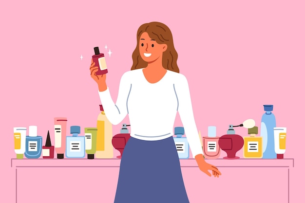 Mulher cosmetologista escolhe a melhor loção para remover rugas de pé perto de uma variedade de cosméticos