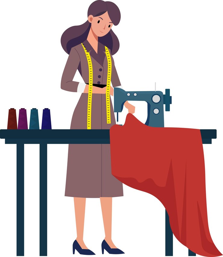 Vetor mulher costureira ilustração estilo plano com máquina de costura e tecido