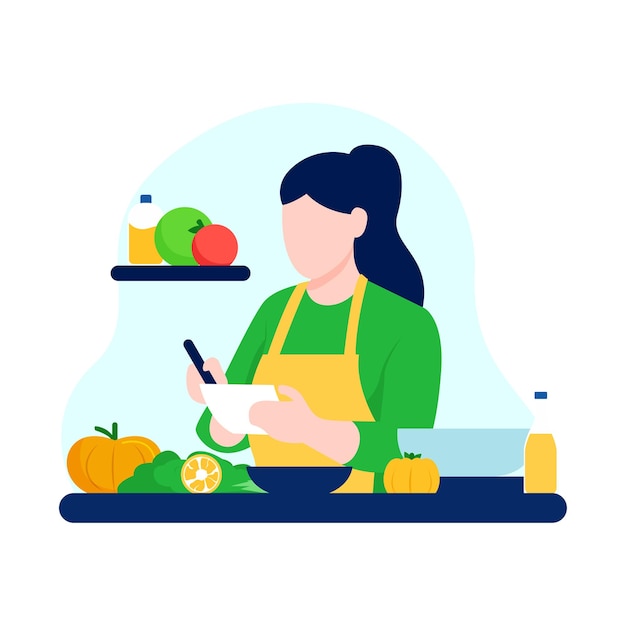 mulher cozinhando enquanto olha tutoriais no telefone conceito de tutorial culinário digital virtual