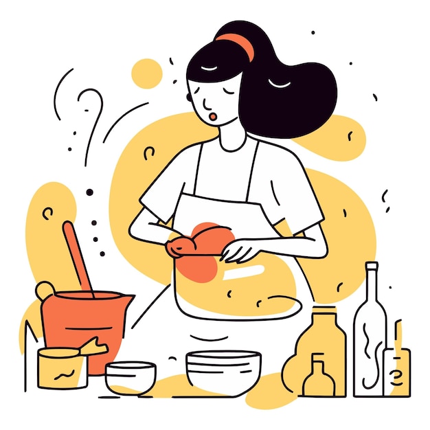 Vetor mulher cozinhando na cozinha em um estilo plano