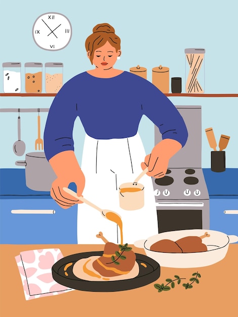 Vetor mulher cozinhando o prato para jantar em casa na cozinha. garota servindo perna de peru, carne com molho. personagem feminina cozinha, prepara comida caseira, refeição festiva, frango para a noite. ilustração em vetor plana.