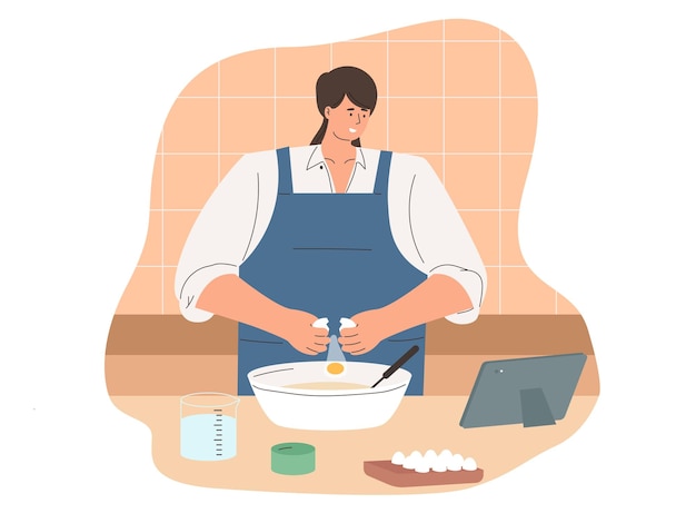 Mulher cozinhando padaria em casa ilustração de cozinha