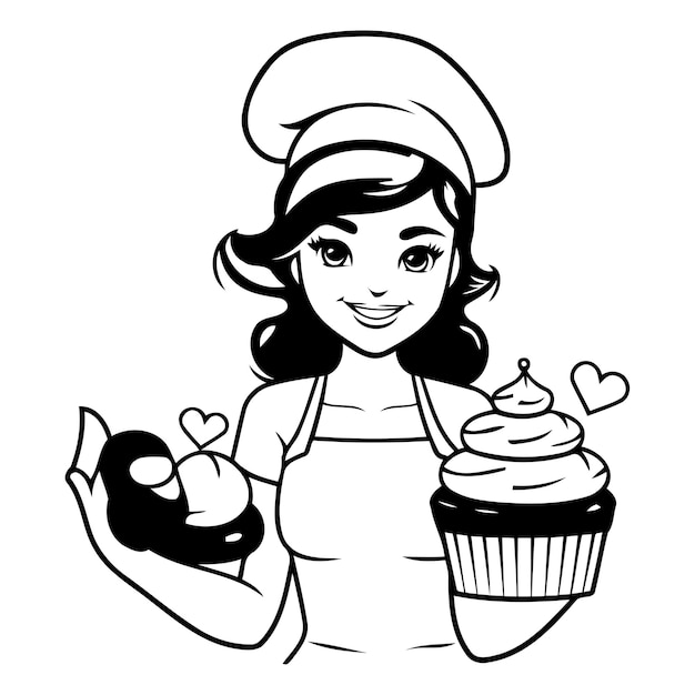 Vetor mulher cozinheira bonita segurando cupcake e muffin ilustração vetorial