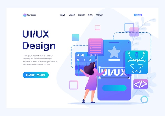 Mulher cria um design personalizado para uma aplicação móvel ui ux design personagem flat 2d landing page