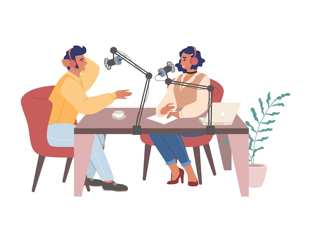 Mulher criando podcast, apresentando programa de rádio entrevistando convidados em estúdio, ilustração vetorial. podcasting, rádio online