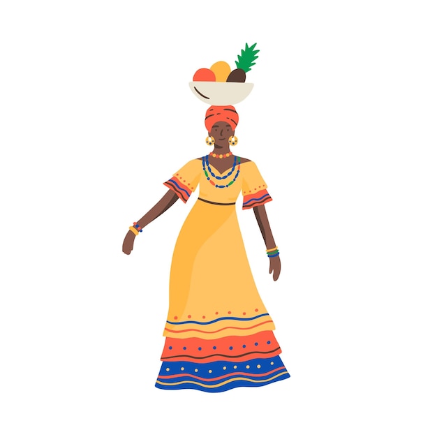 Mulher cubana de pele escura dançando com uma tigela cheia de frutas exóticas na ilustração plana de vetor de cabeça. roupas tradicionais femininas de cuba isoladas. pessoa tropical étnica em vestido colorido e acessórios.