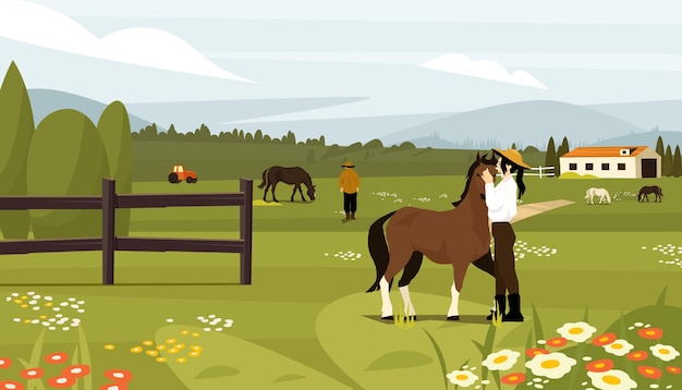 Mulher cuidando de cavalo no campo da fazenda com animais de pastagem e montanhas cênicas Estilo de vida rural Turismo agrícola eco-anúncio centro equestre Ilustração vetorial colorida plana