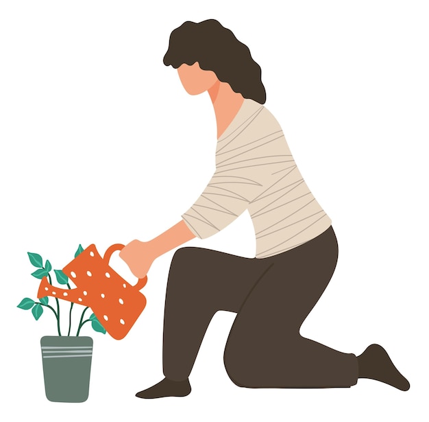 Mulher cuidando do cultivo de plantas, personagem feminina, regando a flor no vaso. florista ou agricultor, passatempo de senhora. biodiversidade botânica e cuidados com a horticultura e a natureza. vetor em estilo simples