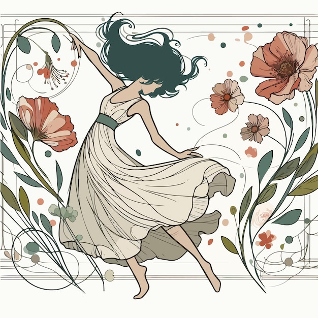 Mulher dançando com flores e folhas em estilo art nouveau