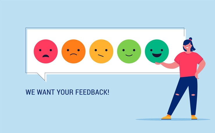 Vetor mulher dando avaliação de avaliação e feedback escolha do cliente e feedback do empregado classificação de classificação de estrelas de feedback suporte de satisfação empresarial