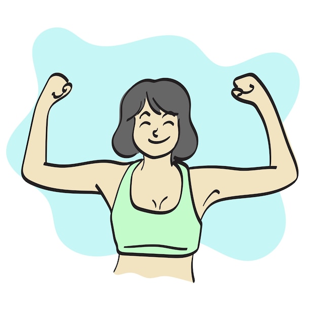 mulher de arte de linha em roupas esportivas flexionando seus músculos ilustração vetor desenhado à mão isolado