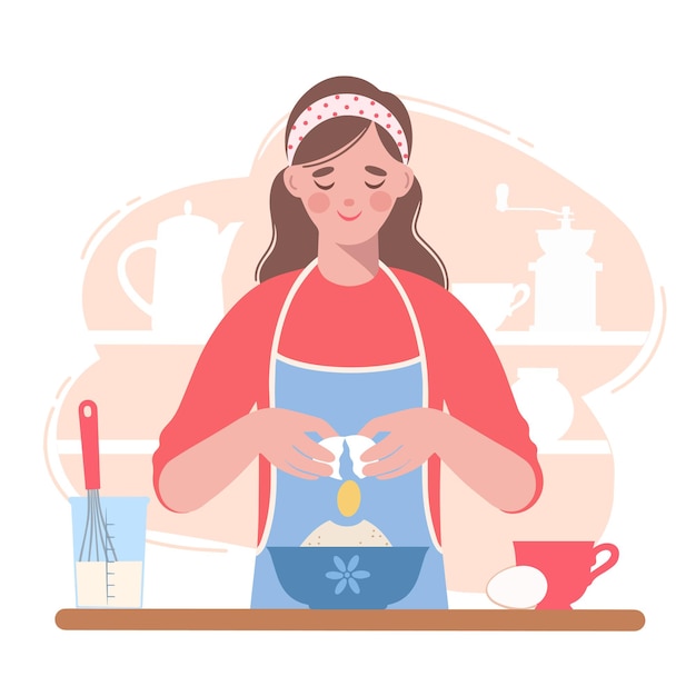 Mulher de avental cozinha na cozinha, amassando massa. Ela está segurando um ovo.