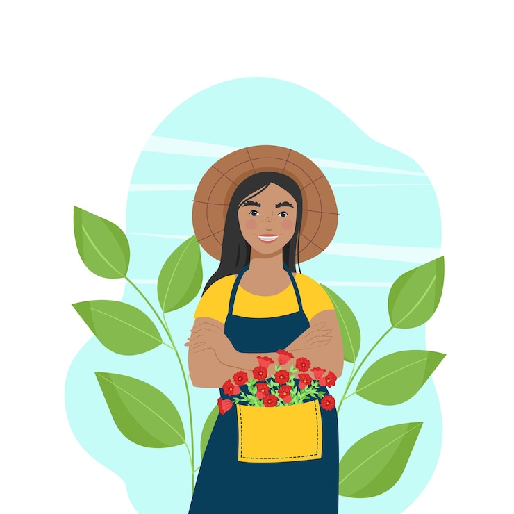 Vetor mulher de avental e chapéu de palha ilustração vetorial em estilo plano mulher jardineira cultivando flores