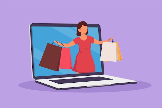 Mulher de beleza de desenho plano de personagem saindo da tela do laptop segurando sacolas de compras Consumismo de estilo de vida digital de venda Tecnologia de loja on-line Ilustração em vetor de design de desenho animado