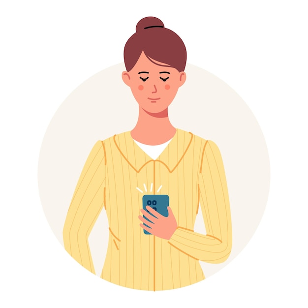 Vetor mulher de blusa amarela está usando smartphone conversando ou falando garota feliz está olhando no telefone