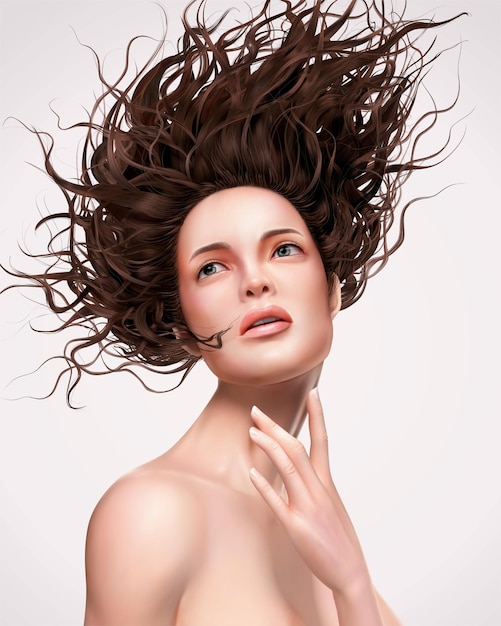 Mulher de cabelo esvoaçante olhando para cima