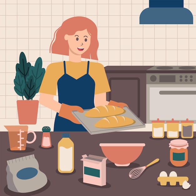 Mulher de cabelo vermelho assando pães na cozinha