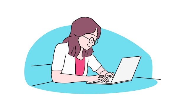 Mulher de cabelos castanhos na camisa branca, digitando no laptop branco com ilustração de handdrawn de fundo azul